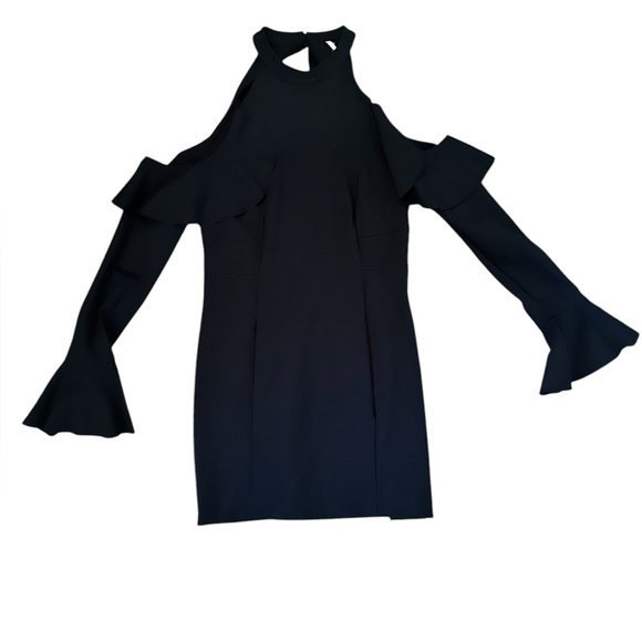NEW FREE PEOPLE SWEET TALK LBD BLACK COLD SHOULDER RUFFLE MINI DRESS, Med - Picture 4 of 8